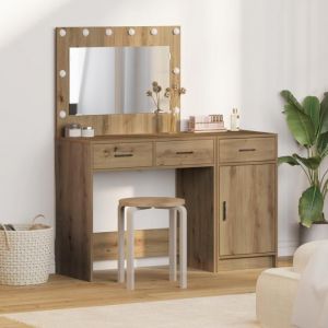 Set de coiffeuse 2 pi&egrave;ces avec LED en bois d ing&eacute;nierie ch&ecirc;ne