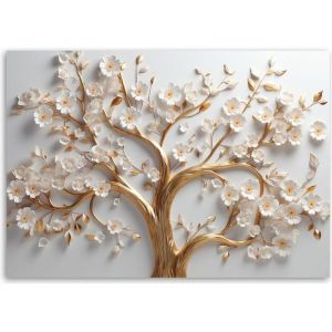 Tableau Décoration Murale 3D Fleur - 120x80 cm - Motif floral - Peinture sur toile - arbre doré à fleurs blanches 4 - Feeby