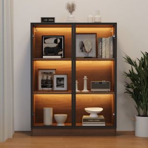 Vitrine en Verre et Aluminium avec &eacute;clairage LED Meuble de Rangement avec 3 &eacute;tag&egrave;res modulables - 80x32x106 cm - Noyer Naturel