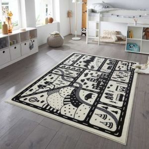 Tapis pour enfant Hanse Home Landscapes - 80 x 150 cm - Imprim&eacute; maisons arbres v&eacute;hicules et tipis - Cr&egrave;me