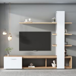 Meuble TV mural - LANGTU - Ensemble 180 cm - Pour TV jusqu&agrave; 60 pouces - Ch&ecirc;ne blanc - Scandinave