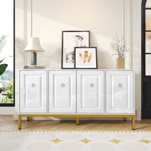 ELVMI Buffet 4 Portes Laqu&eacute; Blanc - Bahut avec Poign&eacute;es Dor&eacute;es et Pieds M&eacute;tal Dor&eacute; MDF Rangement Raffin&eacute; 140&times;40&times;80 cm Blanc+Or
