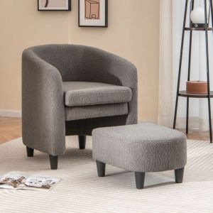 Fauteuil de Salon -RELAX4LIFE- Velours Teddy - Repose-Pieds - Fauteuil Relax avec Pouf - Cadre en Bois Massif - Charge 150KG - Gris