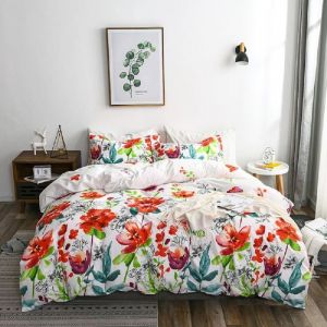 Housse de Couette Fleurs 200x200 Rouge Blanche Motif Fleurie Parure de Lit en Microfibre Adulte Parure Housse Couette 200x200cm