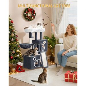Arbre a Chat Petit Arbre &agrave; Chat de 98 cmavec Grande Plateforme Souple Pompons Panier Griffoir et Planche &agrave; Gratter Gris Fonc&eacute;