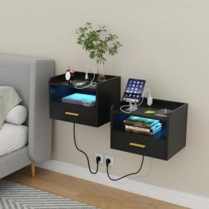 Lot de 2 Table de Chevet Suspendue Table de Chevet Flottante avec &Eacute;clairage LED Tiroir mural pour Chambre 40&times;30&times;30cm Noir