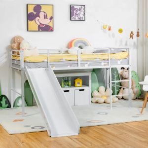 DREAMADE Lit Superposé Lit Mezzanine Enfant avec Toboggan Amovible, Échelle et Clôture, Lit Combine en Acier pour Chambre, Blanc