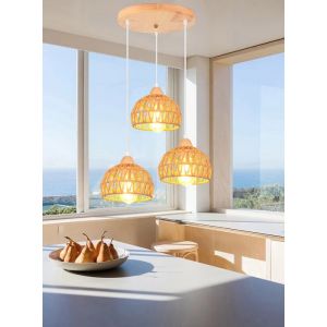 iDEGU 3lampes Lustre Industriel Vintage Suspension Luminaire en Bois Rotin Brun Cage Abat-jour Lampe de Plafon pour Salon Chambre