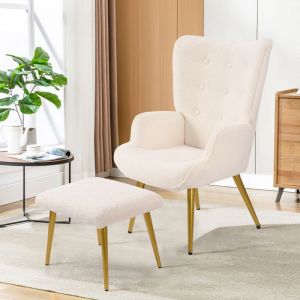 Fauteuil Scandinave en Teddy velours，Chaise Individuel avec repose-pieds vintage Tabouret en Tissu Fauteuil de Salon Blanc