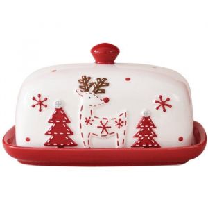 Beurrier en céramique avec couvercle - beurrier - beurrier avec couvercle - Beurrier avec imprimé renne - Beurrier en porcelaine -