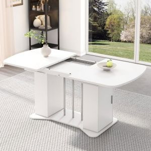 Abrihome Table &agrave; Manger Escamotable avec Rangement 120 x 160 x 80 cm Plateau Blanc et Pieds Argent&eacute;s Pour 4-6 Personnes