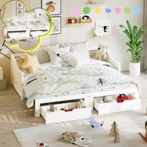 Lit capitonn&eacute; 90/180 x 200 cm avec 2 Tiroirs Canap&eacute;-lit Convertible avec sommier &agrave; Lattes pour Enfants et Adultes Blanc