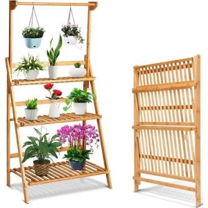 RELAX4LIFE Porte-Plante Pliable en Bambou 3 Niveaux - Réglable en Hauteur - Tige de Suspension Présentoir/Support à Plante