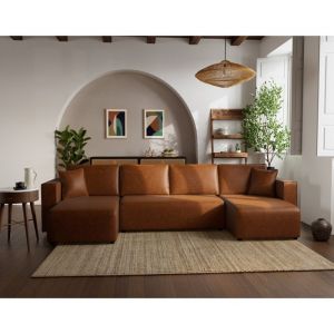 Topaze - canapé panoramique en U 7 places convertible avec coffre en simili - Cognac