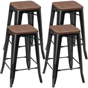 GIANTEX Lot de 4 Tabourets de Bar Industriel en Bois avec Repose-piedChaise Empilable pour CuisineRestaurantCafétériaNoir