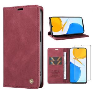 Verre trempé+Coque pour Motorola Moto G85 6.67 Housse en Cuir PU Case Porte Carte Magnétique Etui Portefeuille -Vin rouge YK04