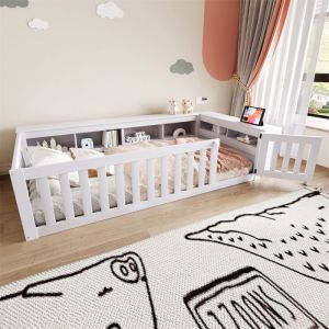 Lit Au Sol Enfant avec Rangements Spacieux Lit Enfant 90x200 Fille Garcon Barrières de Sécurité Lit Une Place Bois Massif Blanc