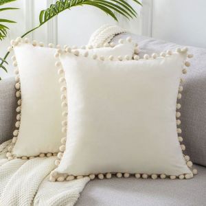 Housse Coussin 45x45 Pompons D&eacute;coratif en Velours Doux Taie doreillerLot de 2 D&eacute;coration pour Coussin Canap&eacute; Chambre