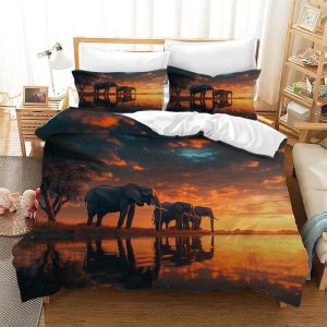 Animaux Africains &eacute;L&eacute;Phant Housse de Couette 200x200 Ciel Coucher de Soleil &eacute;L&eacute;Phant Parure de Lit Enfant Housse de Couette