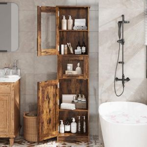 Armoire de salle de bain - 40 X31X170CM - avec 2 portes et &eacute;tag&egrave;re r&eacute;glable -Colonne de salle de bain avec 5 compartiments -marron