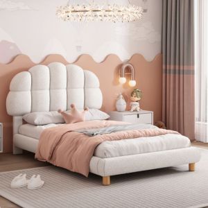 KoDise Lit simple 90x200 cm Lit enfant Lit ado - tissu moelleux - avec tête de lit capitonnée et sommier à lattes - blanc