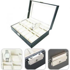 Coffret à Montres Boite pour Montres et Bracelets 12 montres et vitre Noir/Beige Dimensions:  30 x 20 x 8 cm