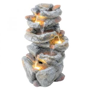 Fontaine de jardin - Outsunny - 6 niveaux d&eacute;coration de jardin zen r&eacute;sine pierre naturelle lumineuse LED - 33 x 27 x 53 cm - Gris