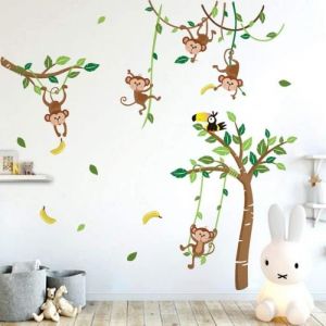JK56155 Sticker Muraux Singe Arbres Autocollant Mural Animaux Jungle Amovible Deco Stickers Chambre Enfant B&eacute;b&eacute; Salon Decoration