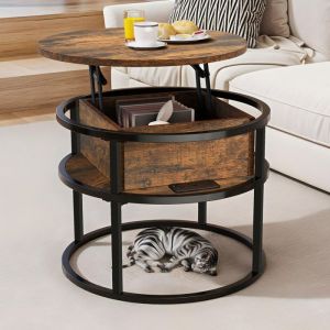 YITAHOME Table Basse - Plateau Relevable - Table Basse Ronde -  Rangement Cach&eacute; - 60x60x47cm - Marron