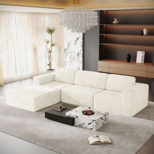 Canap&eacute; 3 Places modulable avec pouf - en Velours C&ocirc;tel&eacute; - angle r&eacute;versible - Beige - 303x202x82cm