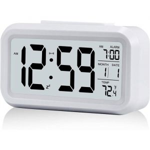 Réveil Digital Réveil Matin Horloge Numérique Réveil à Pile Silencieux Grand écran LED Température Calendrier (Blanc)
