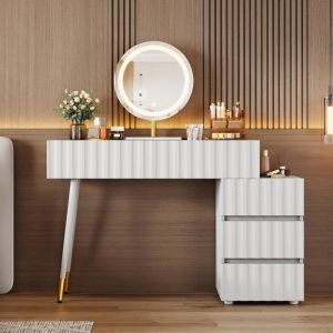 Coiffeuse avec miroir LED et éclairage - Coiffeuse blanche pour chambre à coucher avec 5 tiroirs spacieux - (sans tabouret)