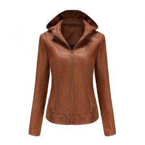 Blouson Femme Simili Cuir à Capuche Doublee Polaire - INSFITY - Slim Fit - Marron