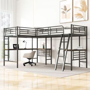 Lit Superposé 90x200cm Table Sous Le Lit Enfant Escalier Double Garde-Corps Haut Lit 2 Personnes Noir