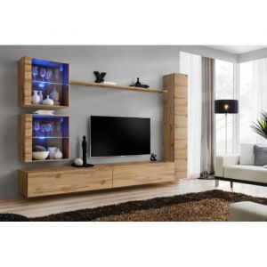 Meuble TV mural design Paris Prix Switch XVIII 280cm naturel - Banc TV vitrine colonne et étagère inclus