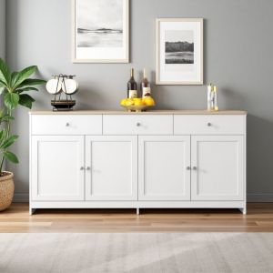 BuffetBahut Buffet en bois blanc Armoire de salon bas avec 4 portes et 3 tiroirs 160x37x75 cm Blanc