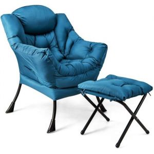 COSTWAY Fauteuil Relax avec Repose-pieds Pliable Fauteuil Scandinave de Salon avec Coussin Amovible pour Int&eacute;rieur Ext&eacute;rieur Bleu