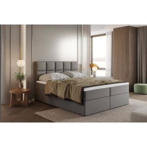 Lit adulte 180x200 cm BALI - avec matelas ressorts intégrés rangement et surmatelas - tissu velours – gris