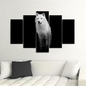 Tableau Décoration Murale 5 Parties loup 100x150 cm Impression sur Toile Artistique Photographie Noir et blanc pour la Maison Salon