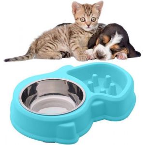 Gamelle Double de Ecuelle Eau et Nourriture 1 Bols en INOX et 1 Gamelle Anti Glouton pour Chat et Petit Chien(Bleu)