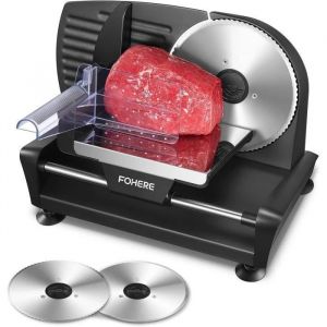 FOHERE Trancheuse Electrique - 200W - 2 x 19CM Lames dentelée et Lisse - Pour viandes, Jambon et Saucisson - Noir