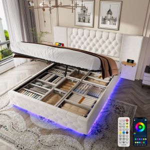 Lit 160x200 avec sommier beige avec LED port USB lit coffre en velours chevet suspendu lit double tete de lit rangementavec