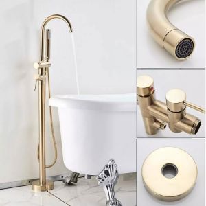 Robinet Baignoire Ilot Autoportante dor&eacute; bross&eacute;-Mitigeur Baignoire Ilot Robinetterie pour Salle de Bain sur Pied avec