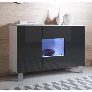 Buffet Bahut 3 portes 2 &eacute;tag&egrave;res vitrine LED  120 x 82 x 40 cm  Couleur Blanc et Noir Finition Brillante  Pieds Alu  LUKE A2