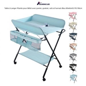 QUIIENCLEE Table à Langer Pliante pour Bébé avec panier gradué rails et harnais Bleu ciel 80x66x92/95/98cm [Motif de girafe]