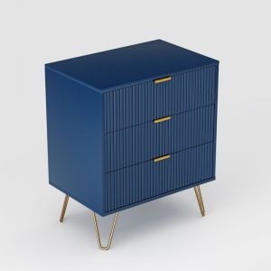 Table de chevet Armoire de rangement 3 Tiroir Style moderne Armoire latérale Pieds en métal Bleu Panneau à rayures