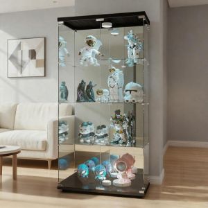 Vitrine en verre avec lumi&egrave;re LED Vitrine de collection avec 4 &eacute;tag&egrave;res et Miroir verre 2 portes avec serrure 80&times;36&times;164cm Noir