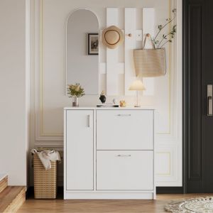 Vestiaire dentr&eacute;e avec miroir - Meuble &agrave; chaussures - 2 portes pliantes + 1 porte coulissante - Blanc