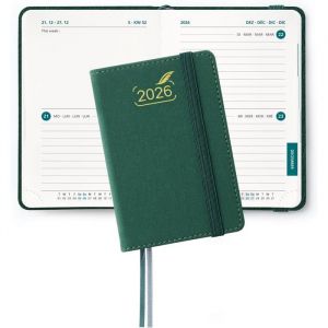 Petit Agenda 2026 de Poche 12x8cm Bi-Journalier 2 Jours par PageAgenda 2026 Semainier avec Couverture Rigide en Cuir PUVert For&ecirc;t