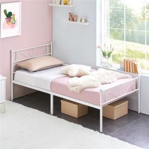 Cadre de Lit Simple 90x200cm-Lit Métallique Minimaliste avec Sommier à Lattes Stable et Durable pour